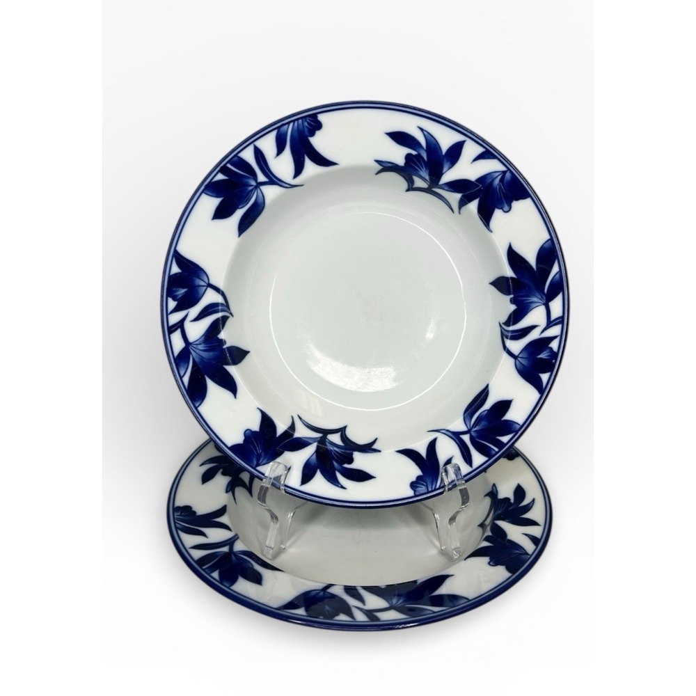 Pier 1 MING Rimmed Soup Pasta Bowl Set of 2 Blue‎ White Porcelain Asian Leaves